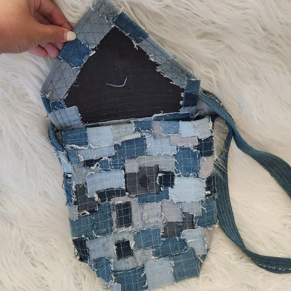 Denim Canvas Patchwork Crossbody Shoulder Bag Y2K Upcycle Bucket Boho Hippie‎ - Picture 3 of 14